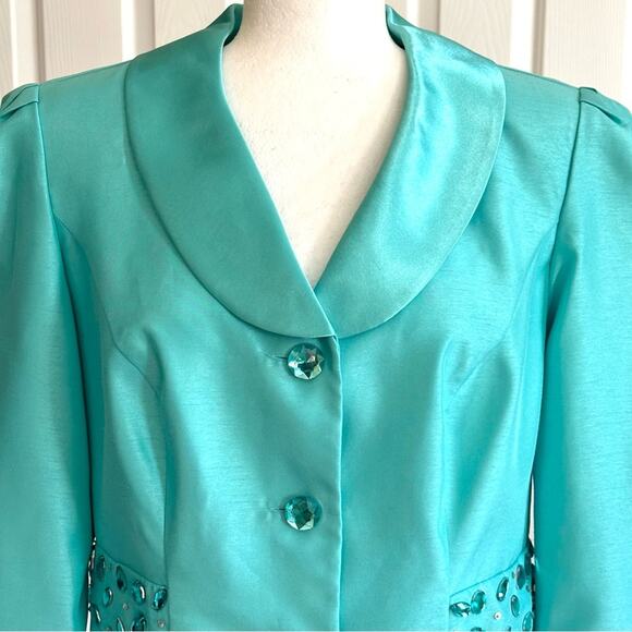 Dana Kay Blazer Jacket Dressy Formal Teal Blue Embellished 3/4 Sleeve Size 10 - Picture 3 of 12